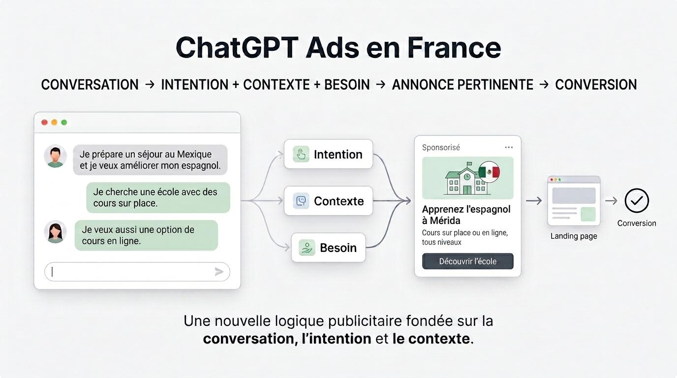 Fonctionnement de ChatGPT Ads : conversation, intention, contexte, annonce pertinente et conversion